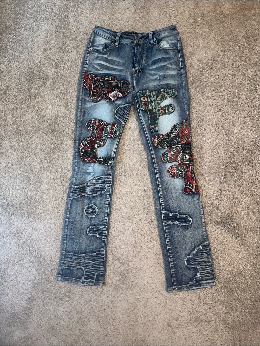 Fashion Nova Blue Distressed Jeans with Red & Green Tribal Patchwork Boys 12/14